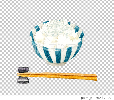 しらすをかけたご飯と箸　和食の手描き水彩イラスト素材 96317099