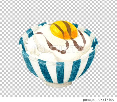 卵黄ととろろをのせたご飯　和食の手描き水彩イラスト素材 96317109