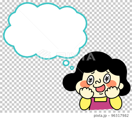 ふきだし　	お金について考えているコミカルな女性キャラクターイラスト素材 96317982