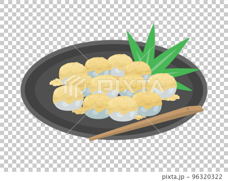 Illustration of soybean flour and warabi mochi served on a plate 96320322