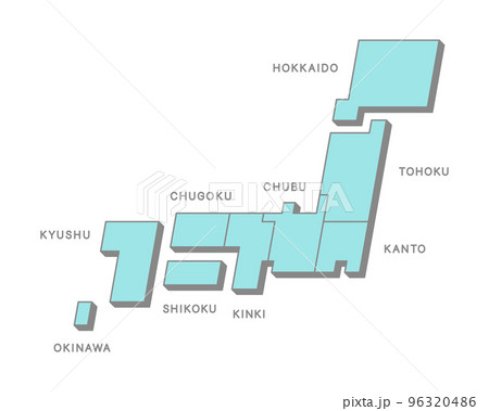 シンプルな線画で描いた、デフォルメした日本地図の地域別イラスト 96320486