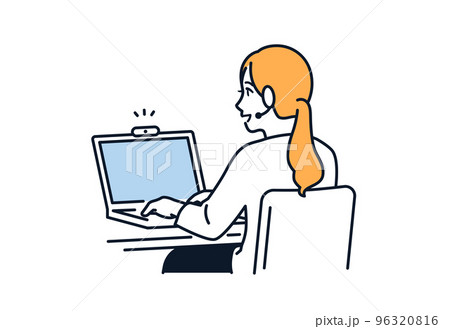 リモートワークをする女性のシンプルなベクターイラスト素材 96320816