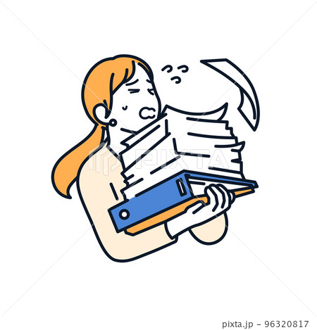 大量の書類を持つビジネスウーマンのシンプルなベクターイラスト素材 96320817