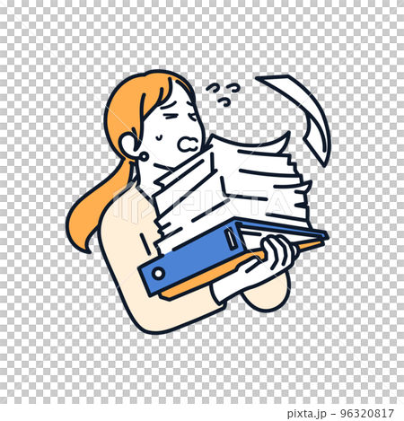 大量の書類を持つビジネスウーマンのシンプルなベクターイラスト素材 96320817