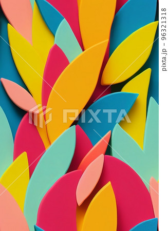 Hand drawn abstract tropical plant leaves pattern. Collage contemporary print with decorative plant leaves pattern with different colors, trendy wallpaper. Artistic vertical template for design. 96321318