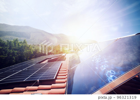 Renewable energy system with solar panel for electricity and hot water 96321319