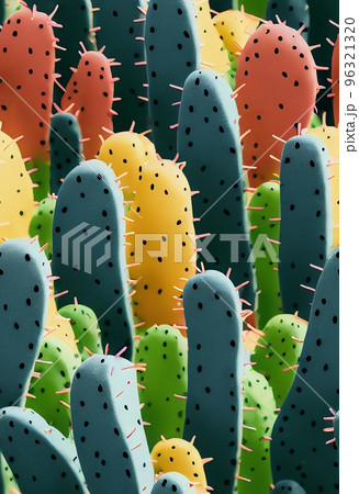 Hand drawn abstract colorful cactus pattern. Collage contemporary print with tropical plant leaves pattern with different colors, trendy wallpaper. Artistic vertical template for design. 96321320