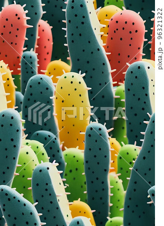 Hand drawn abstract tropical cactus pattern. Collage contemporary print with colorful plant leaves pattern with different colors, stylish wallpaper. Artistic vertical template for design. 96321322