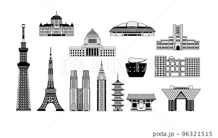 東京ランドマーク・有名な建物 / ビル イラストセット / スカイツリー・東京タワー・国会議事堂 96321515
