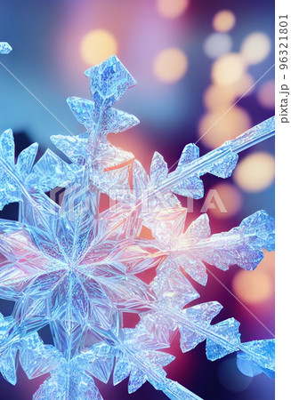 Hand drawn decorative frozen icy snowflake pattern. Collage contemporary print with icy snowflake from pattern on bokeh background, winter season, modern art. Artistic vertical template for design. Hand drawn decorative frozen icy snowflake pattern. Collage contemporary print with icy snowflake from pattern on bokeh background, winter season, modern art. Artistic vertical template for design. 96321801
