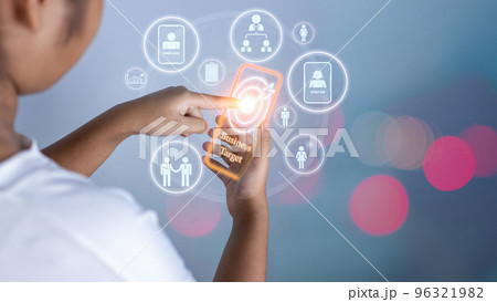 woman pointing at dart board icon Represents the goal setting for business, concept of startup, financial planning, development strategy, business goal setting. 96321982