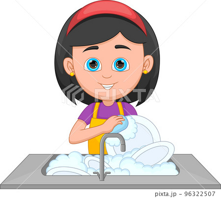 little girl washing dishes on white background little girl washing dishes on white background 96322507