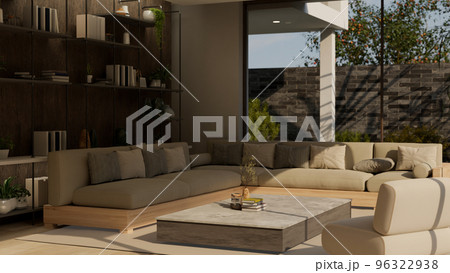 Cozy and modern contemporary home living room with comfortable couch, coffee table, shelves Cozy and modern contemporary home living room with comfortable couch, coffee table, shelves 96322938