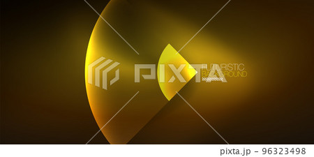 Shiny neon geometric abstract background. Glowing lights on round shapes, triangles and circles. Wallpaper for concept of AI technology, blockchain, communication, 5G, science, business Shiny neon geometric abstract background. Glowing lights on round shapes, triangles and circles. Wallpaper for concept of AI technology, blockchain, communication, 5G, science, business 96323498