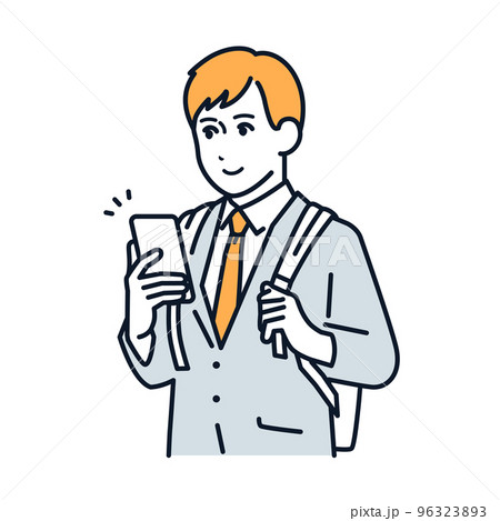 スマホを操作しているスーツの男性のシンプルなベクターイラスト素材 96323893