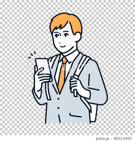 スマホを操作しているスーツの男性のシンプルなベクターイラスト素材 96323893