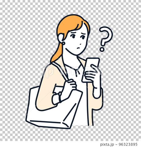Simple vector illustration material of a business woman who is worried about looking at her smartphone 96323895