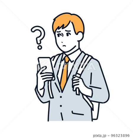 スマホを操作して疑問を持つビジネスマンのシンプルなベクターイラスト素材 96323896