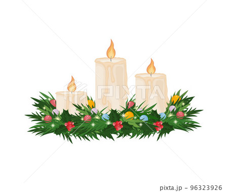 Christmas candles. Three white candles decorated with Christmas wreaths. Burning New Year candles. Christmas decorations. Vector illustration isolated on a white background 96323926