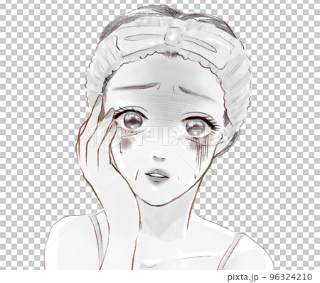 Watercolor style black and white cartoon illustration of a woman in her thirties who is afraid of skin troubles, aging skin spots, wrinkles and dullness 96324210