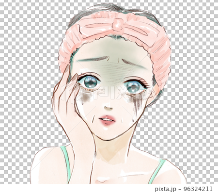 Watercolor style color cartoon illustration of a woman in her thirties who is afraid of skin troubles, aging skin spots, wrinkles and dullness Watercolor style color cartoon illustration of a woman in her thirties who is afraid of skin troubles, aging skin spots, wrinkles and dullness 96324211
