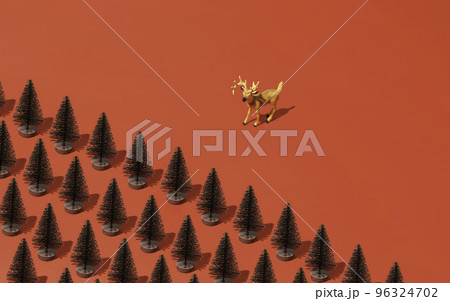 Fashionable abstract Christmas pattern on a red background a deer stands in front of the forest 96324702