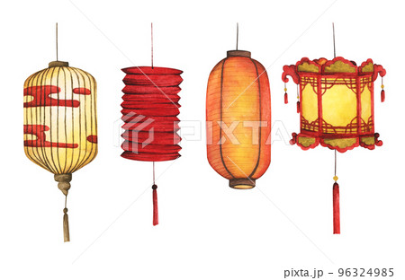 Set of traditional Chinese paper lanterns. Watercolor illustration. Set of traditional Chinese paper lanterns. Watercolor illustration. 96324985