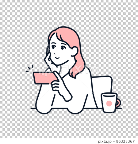 スマホで動画を視聴する若い女性のシンプルなベクターイラスト素材 96325367