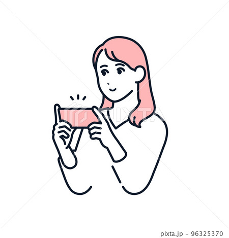 スマホでゲームをする若い女性のシンプルなベクターイラスト素材 96325370