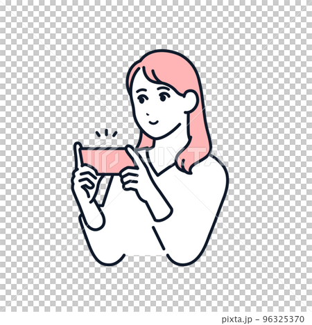 スマホでゲームをする若い女性のシンプルなベクターイラスト素材 96325370