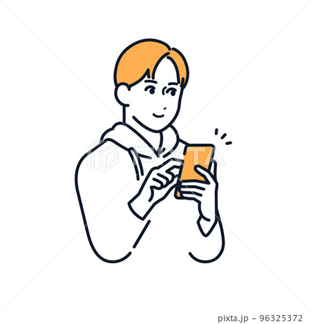 笑顔でスマホを操作する若い男性のシンプルなベクターイラスト素材 96325372