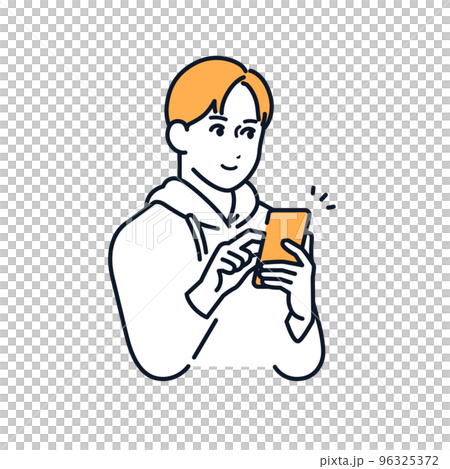 笑顔でスマホを操作する若い男性のシンプルなベクターイラスト素材 96325372