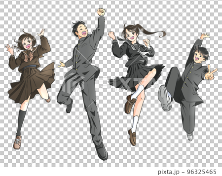 Male and female students jumping in winter clothes Male and female students jumping in winter clothes 96325465