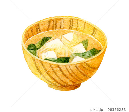 豆腐とわかめの味噌汁　和食の手描き水彩イラスト素材 96326288