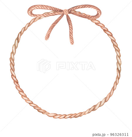 Round rope wreath with a bow. Place for text or inscription. Watercolor illustration. Isolated on a white background. For design sticker, labels, logos, postcards Round rope wreath with a bow. Place for text or inscription. Watercolor illustration. Isolated on a white background. For design sticker, labels, logos, postcards 96326311