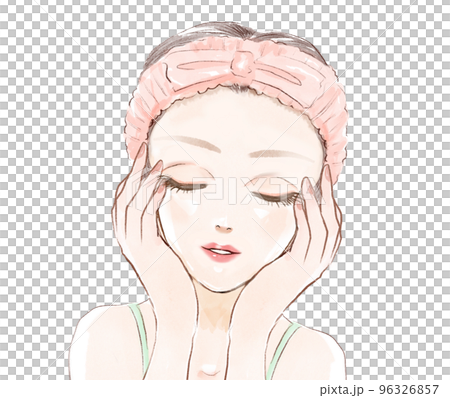 A color cartoon-style illustration of a woman in her 20s who permeates lotion while being enchanted by her proud skin and a white background A color cartoon-style illustration of a woman in her 20s who permeates lotion while being enchanted by her proud skin and a white background 96326857