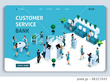 Website Template Landing page Isometric customer service room, clients serviced by bank consultants, deposits, loans, mortgages. Easy to edit and customize 96327045