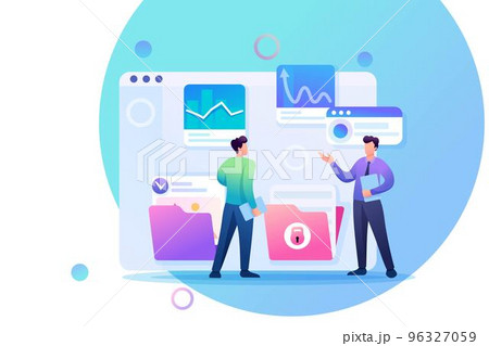 Young entrepreneurs discuss the data on the screen. Flat 2D character. Concept for web design 96327059