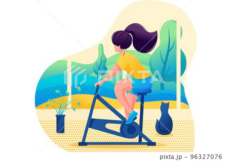 Young girl plays sports at home. Home training. Flat 2D character. Concept for web design 96327076