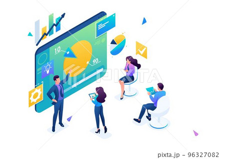 Business coach trains employees of the company. Concept training at work, professional development. 3D isometric. Concept for web design 96327082