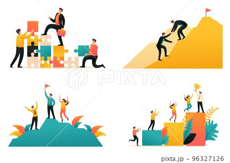 Flat 2D illustration on the topic of achieving success as a team, the path to success, teamwork. Concept for web design 96327126