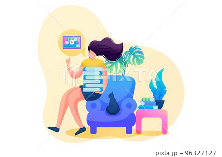 Girl at Home schooling during the pandemic, online training. Flat 2D character. Concept for web design 96327127