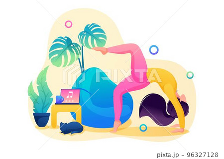 Girl does yoga for the health of the body and spirit. Yoga at home. Flat 2D Web design 96327128