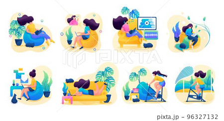 Girls at home are engaged in sports, study, work, freelancing Girls at home are engaged in sports, study, work, freelancing 96327132