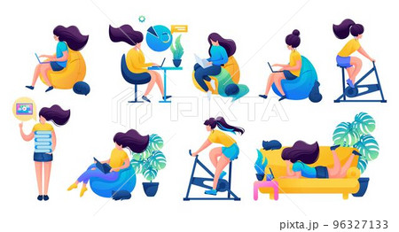 Girls at home are engaged in sports, training, work, freelancing Girls at home are engaged in sports, training, work, freelancing 96327133