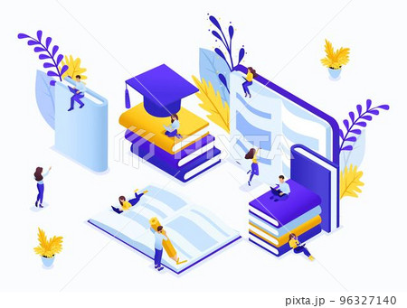 Website Template Landing page Isometric concept e-learning for second higher education, self-study, advanced training. Easy to edit and customize 96327140