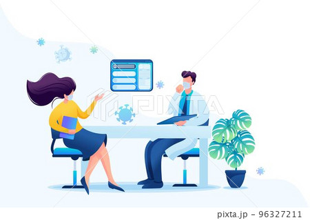 Keeping a distance in the doctor's office. Keeps a social distance and wears masks. Flat 2D. Vector illustration web design 96327211