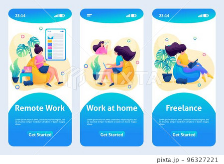 Mobile app design, template. 2D character. The girl works at a remote job, work at home 96327221