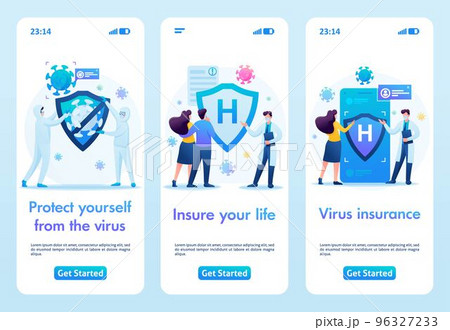 Protect yourself from the virus, health insurance. Flat 2D. Vector illustration mobile app Protect yourself from the virus, health insurance. Flat 2D. Vector illustration mobile app 96327233
