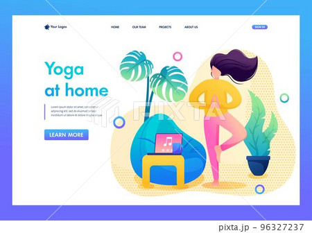 Self-isolation, the girl does yoga at home in a calm environment. Flat 2D. Page vector landing illustration 96327237